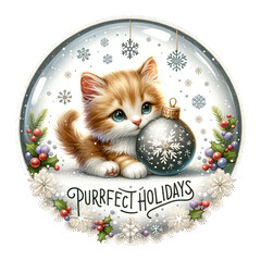 Kitten with Christmas ornament and Purrfect Holidays text