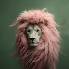 Wall Mural - Lion with big mane on dark green background. Abstract portrait of a wild animal.	