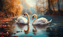 Swans On The Lake In The Autumn Park.