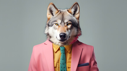 Wall Mural - A human size wolf in a trendy suit. Abstract, illustrated, minimal portrait of a wild animal dressed up as a man in elegant clothes.