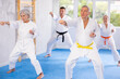 Sportive old-aged male practitioner of karate courses performing fighting positions during training session
