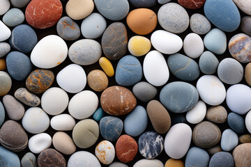 Canvas Print - Pebble stones on the shore close up. Beach stones background. Top view Up