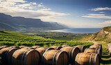 Fototapeta Do pokoju - Wine barrels against the backdrop of green vineyards.