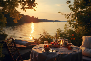Poster - a lakeside picnic bathed in the warm, soft light of a setting sun. concept of outdoor leisure and re