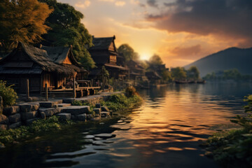 Poster - A serene riverside village at sunset, reflecting in the calm waters. Concept of river life and tranquility. Generative Ai.