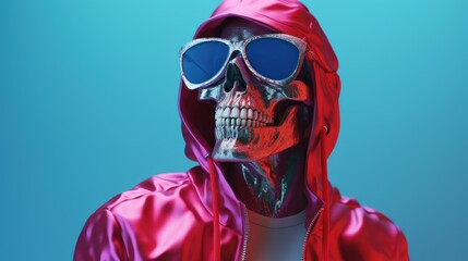 Wall Mural - Stylish silver male skeleton rapper in a vibrant hip hop clothes with hood, wearing sunglasses, posed on blue background with copy space. Fashionable human skeleton. Funny character