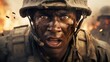 Dramatic depiction of soldier in a warzone, with fire and debris creating a chaotic backdrop. African American young male warrior wearing a helmet. Hostilities