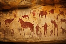 Cave Painting. Ancient Cave Art. Old Rock Paintings Of Primitive People. Stone Age. History And Archaeology. Art And Drawings Of Cavemen. Glimpse Into Prehistoric Life.