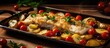 Baked cod with potatoes and cherry tomatoes on wooden table.