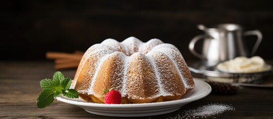 Poster - Bundt-baked pound cake, classic vanilla or sour cream, powdered sugar on top.