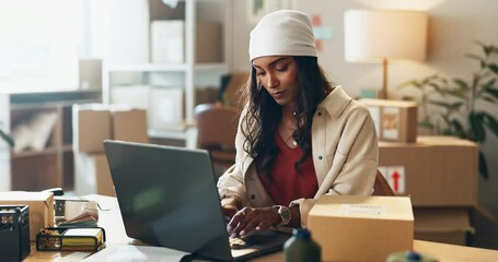 Poster - Work from home, woman and order logistics for online work with ecommerce and website research. Female entrepreneur, small business and computer for package and information in a house with a startup