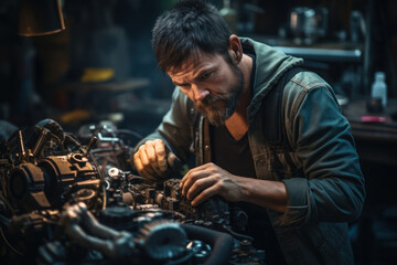 Canvas Print - A tough guy mechanic covered in grease, fixing a car engine with skill. Concept of automotive expertise. Generative Ai.