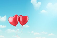 Two Helium Balloons In The Shape Of A Heart Are Flying In The Blue Sky And Among The White Clouds. Poster And Banner Valentine's Day