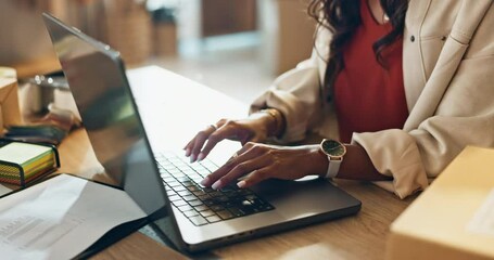 Fototapete - Remote work, woman hands and laptop typing with digital job and freelancer with programming. House, computer and app database with research and planning with web developer project and marketing