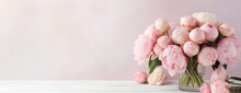 Flowers Bouquet Of Peonies Soft Pastel Color Background. Beautiful Composition. Valentine's Day, Easter, Birthday, Happy Women's Day, Mother's Day. Holiday Poster And Banner