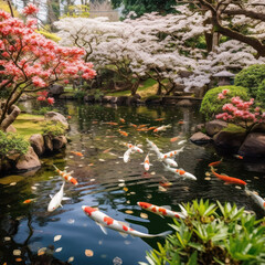 Sticker -  Koi pond in a Japanese zen garden with cherry 
