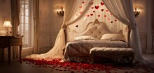 A Romantic Bedroom With Soft, Flowing Curtains, A Bed Adorned With White And Red Rose Petals In A Heart Shape, Under A Crystal Chandelier.