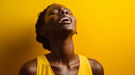 Wall Mural - Femme africaine aux cheveux courts, en tee-shirt blanc, posant dans un studio avec une touche de couleur jaune.