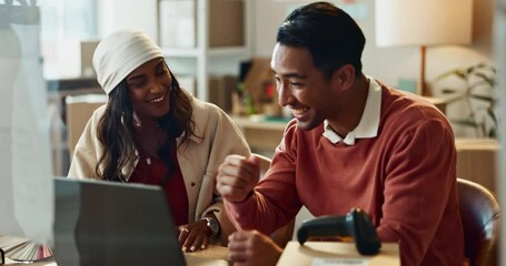 Aufkleber - Retail, laptop and business people high five in celebration of startup, success or goal. Ecommerce, store and excited team hands together in support of productivity, target or company sale milestone