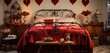 A vintage Valentine's bedroom with a classic iron bed, red roses in heart formations, and antique pestles.