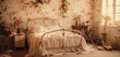 A vintage-inspired bedroom with floral wallpaper, an antique bedspread, and a heart-shaped wreath of dried rose petals on the wall.