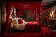 A whimsical Valentine's bedroom with a canopy bed, surrounded by a sea of red roses and heart-shaped balloons, with artisanal pestles.
