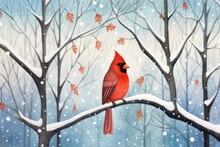 Beautiful Red Cardinal On A Branch In The Snow