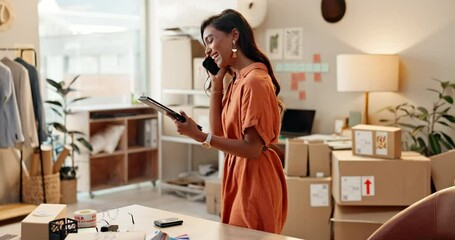 Poster - Boxes, phone call and woman with a tablet, business and smile with connection, digital app and communication. Person, entrepreneur or consultant with technology, online order or network with internet