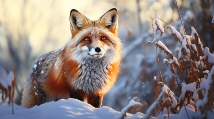 An orange fox in winter