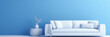 © fahrwasser - White sofa or couch with side tables on a solid blue background, banner size, fresh and calm interior