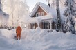 man clearing snow with a shovel in front of the house