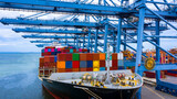 Fototapeta Psy - Container ship in export and import business and logistics, Container ship berthing port.