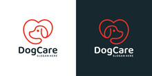 Pet Care Logo Design Template. Heart Logo With Dog With Line Style Graphic Design Vector Illustration. Symbol, Icon, Creative.