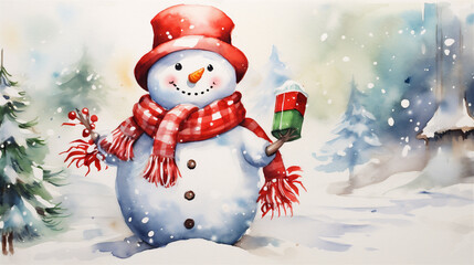 Wall Mural - Watercolor Painting, Christmas Snowman, Generative AI