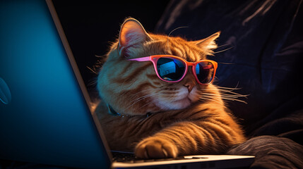 Red cat with glasses sits at the computer, concept of remote work, freelancer