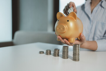 Accountant is putting money into a piggy bank, Financier is bringing savings methods to clients who come to receive advice, Employees are taking customers' savings and keeping them safe.