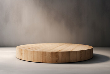 Round wooden podium on gray concrete background, Ai generated images