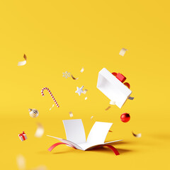 Sticker - Open gift box with Christmas decorations and confetti on yellow background. 3d rendering