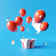 Wall Mural - Open gift box with red balloons and confetti on blue background. 3d rendering