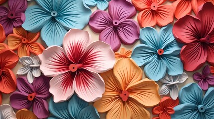 Wall Mural - a close-up of a 3d wall adorned with a tapestry of colorful hibiscus flowers, their intricate detail