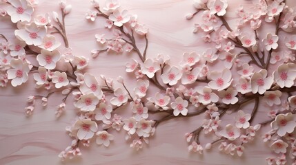 Wall Mural - a close-up of a 3d wall covered in cherry blossom flowers, with delicate petals seeming almost lifel