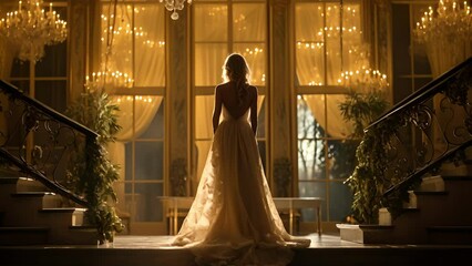 Wall Mural - A beautiful woman surrounded by the ling of exquisite chandeliers standing atop the polished marble steps of the ballroom entrance