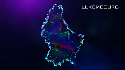 Futuristic Sweet Luxembourg Map Polygonal Blue Purple Colorful Connected Lines And Dots Wireframe Network With Text On Hazy Flare Bokeh Background
