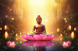 glowing Lotus flowers and gold buddha statue, nature background