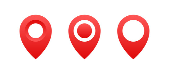 Fototapete - location map pointer icon, place pin marker sign - isometric red gps map pointers in red frame, destination symbols in 3d