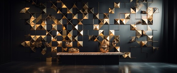Wall Mural - a fusion of metallic grids and floating shapes creates a futuristic 3d wall decor, exuding a sense o