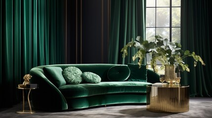 Wall Mural - A luxurious velvet sofa in a rich emerald green color, placed elegantly in a sunlit room with contemporary decor.