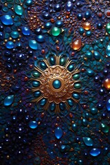 Wall Mural - a mosaic-like arrangement of 3d patterns on a wall, featuring a blend of jewel-toned colors and intr