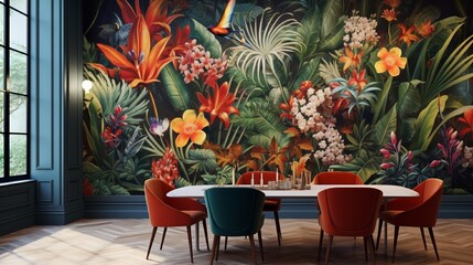 Wall Mural - a nature-inspired 3d wall mural portraying a lush tropical jungle with exotic flora and fauna.