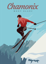 Jumping Skier Extreme Winter Sport. Ski Travel Vintage Poster In Chamonix Mont Blanc Vector Illustration Design